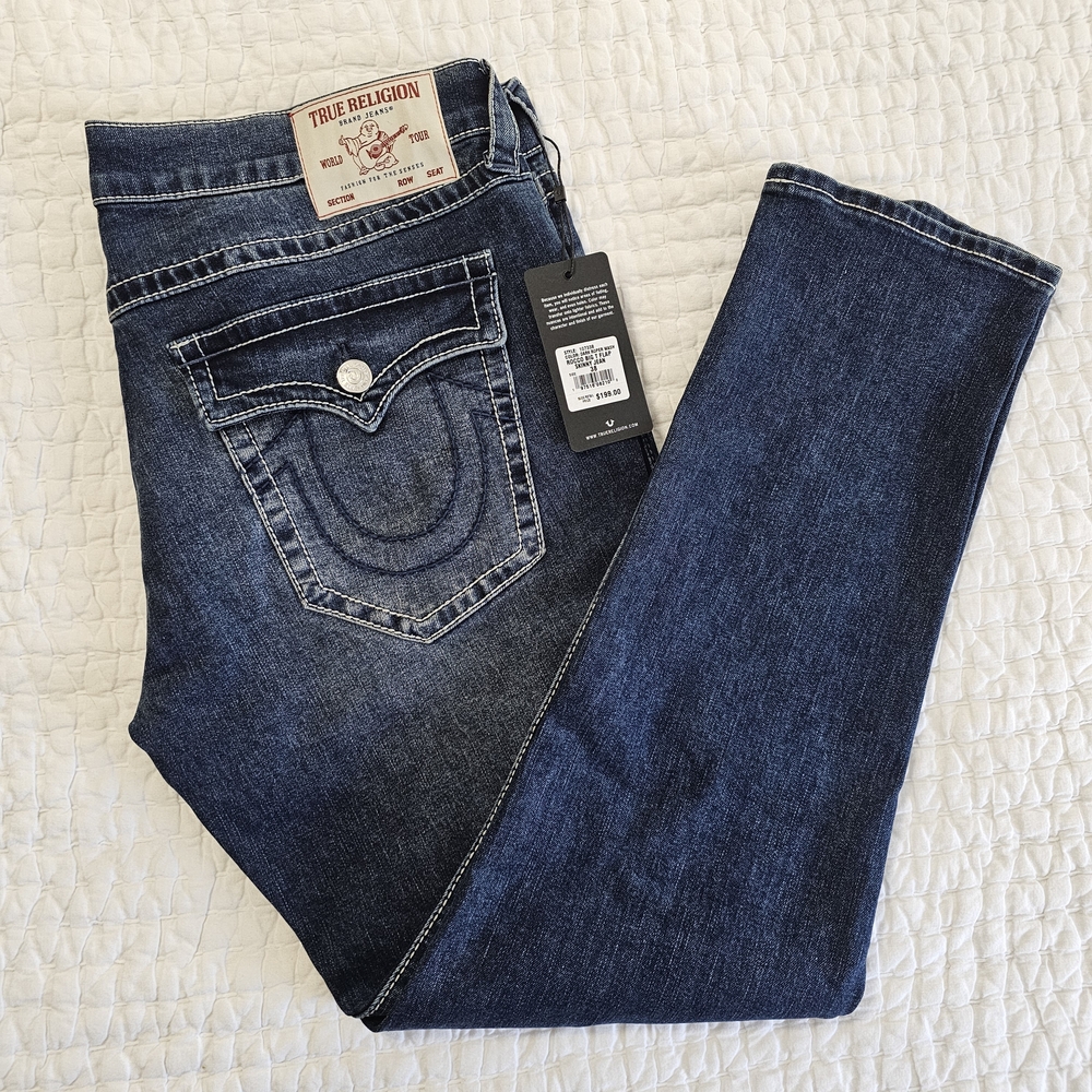True Religion Rocco Big T Flap Skinny Jeans Dark Roper Wash NWT 38x32